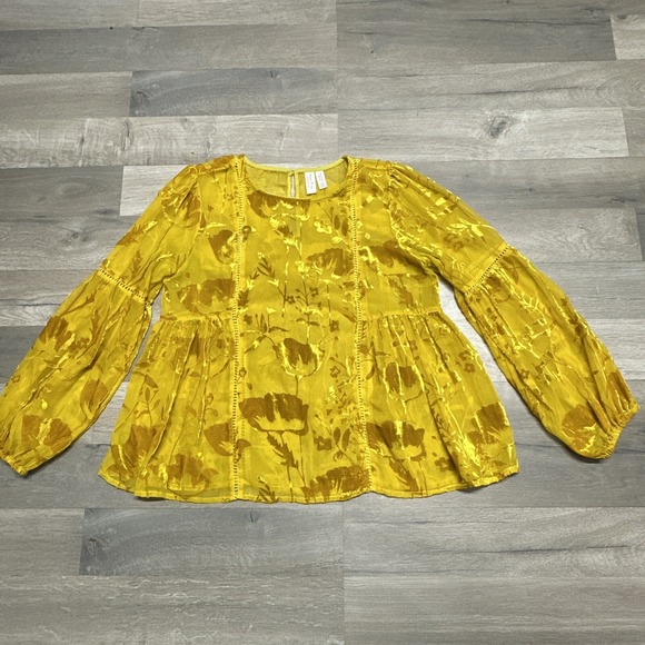 Meadow Rue Tops - Meadow Rue Anthropologie Mustard Yellow Velvet Sheer Peasant Boho Blouse -Size 4